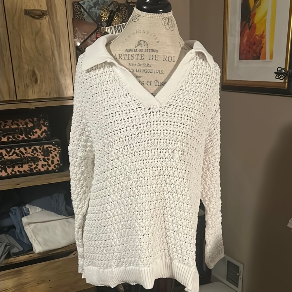 Talbots White V-Neck 3/4 Sleeve Crochet Sweater - 2X
